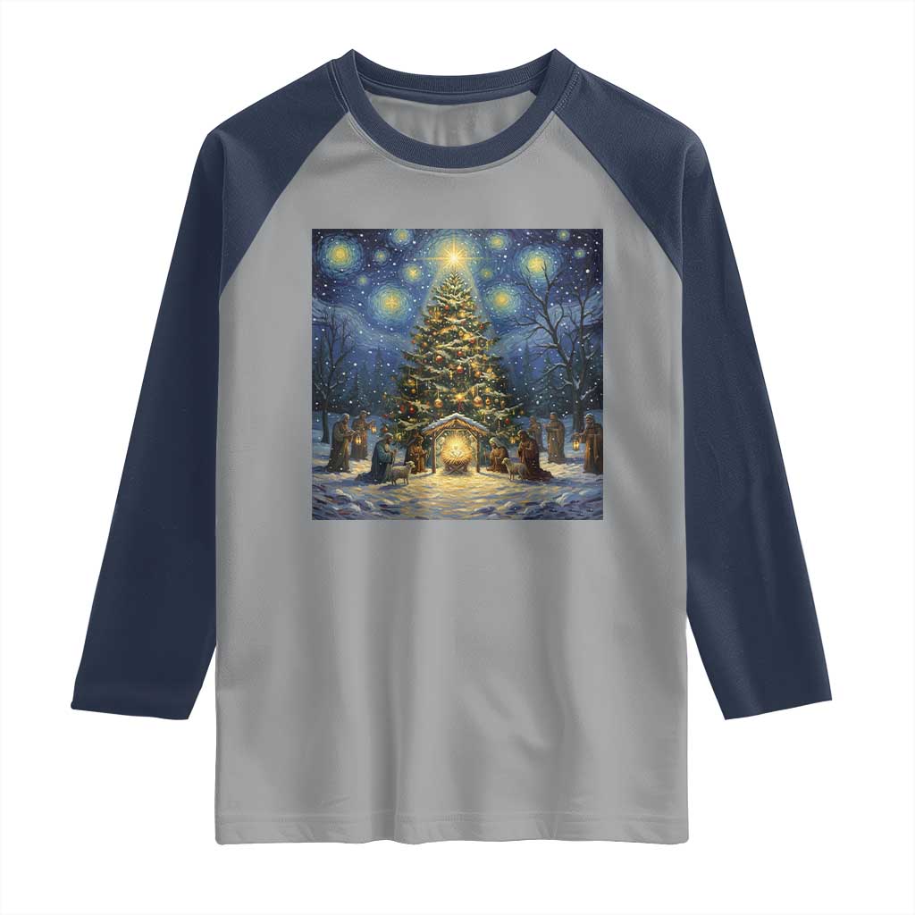 Nativity Scene Raglan Shirt Christmas Starry Night Christian Jesus Baby Jesus Holiday - Wonder Print Shop