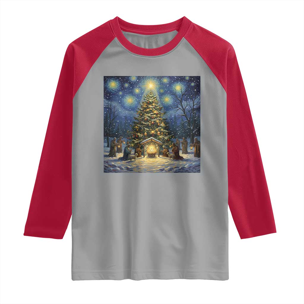Nativity Scene Raglan Shirt Christmas Starry Night Christian Jesus Baby Jesus Holiday - Wonder Print Shop
