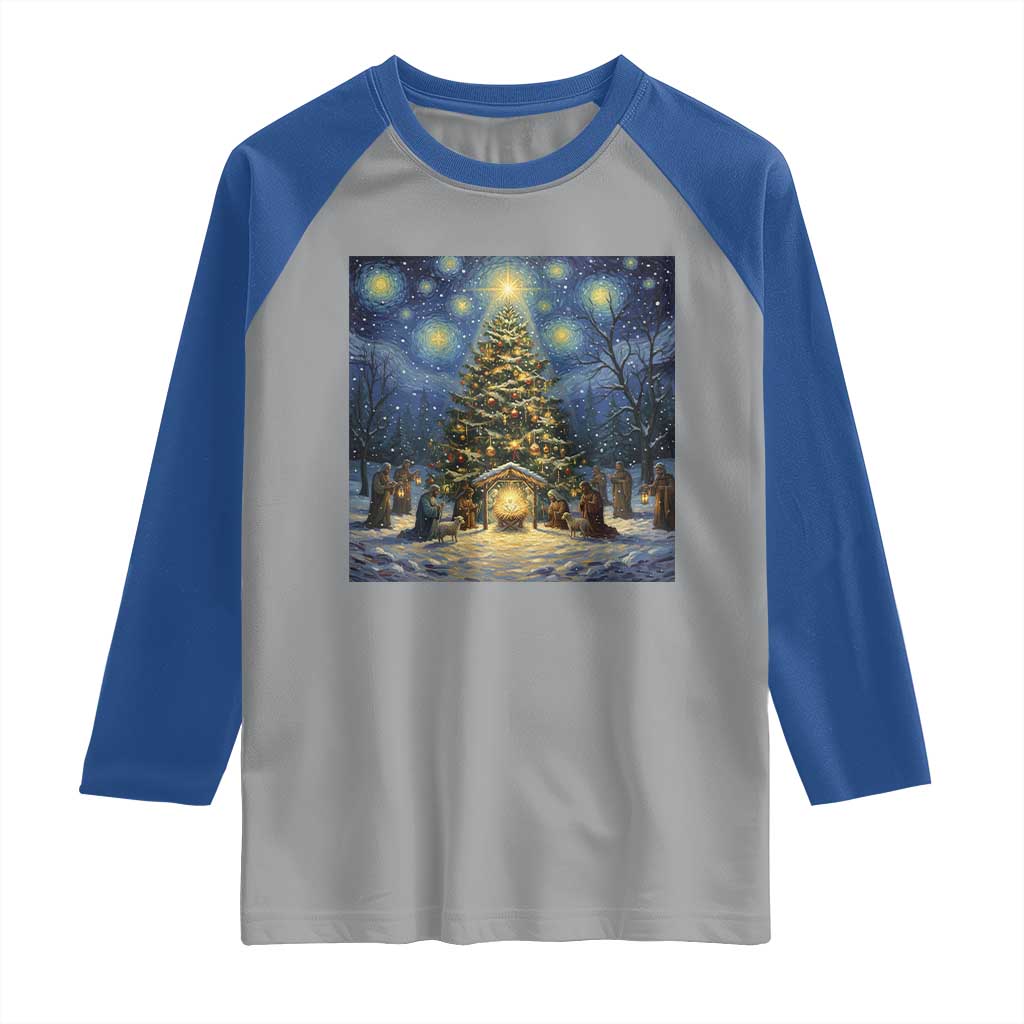 Nativity Scene Raglan Shirt Christmas Starry Night Christian Jesus Baby Jesus Holiday - Wonder Print Shop
