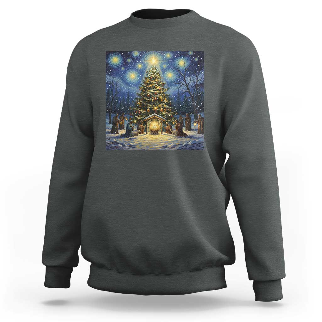Nativity Scene Sweatshirt Christmas Starry Night Christian Jesus Baby Jesus Holiday - Wonder Print Shop