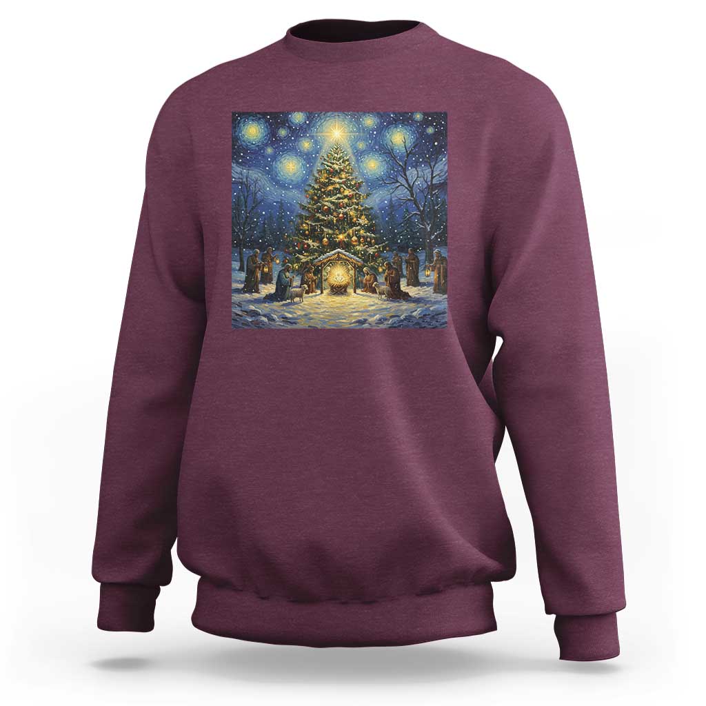 Nativity Scene Sweatshirt Christmas Starry Night Christian Jesus Baby Jesus Holiday - Wonder Print Shop