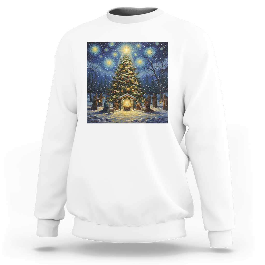 Nativity Scene Sweatshirt Christmas Starry Night Christian Jesus Baby Jesus Holiday - Wonder Print Shop