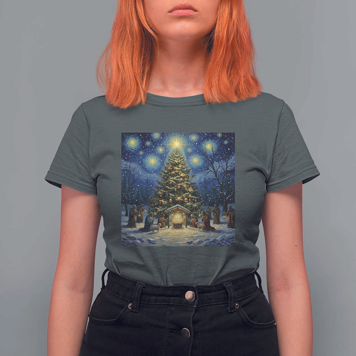 Nativity Scene T Shirt For Women Christmas Starry Night Christian Jesus Baby Jesus Holiday - Wonder Print Shop