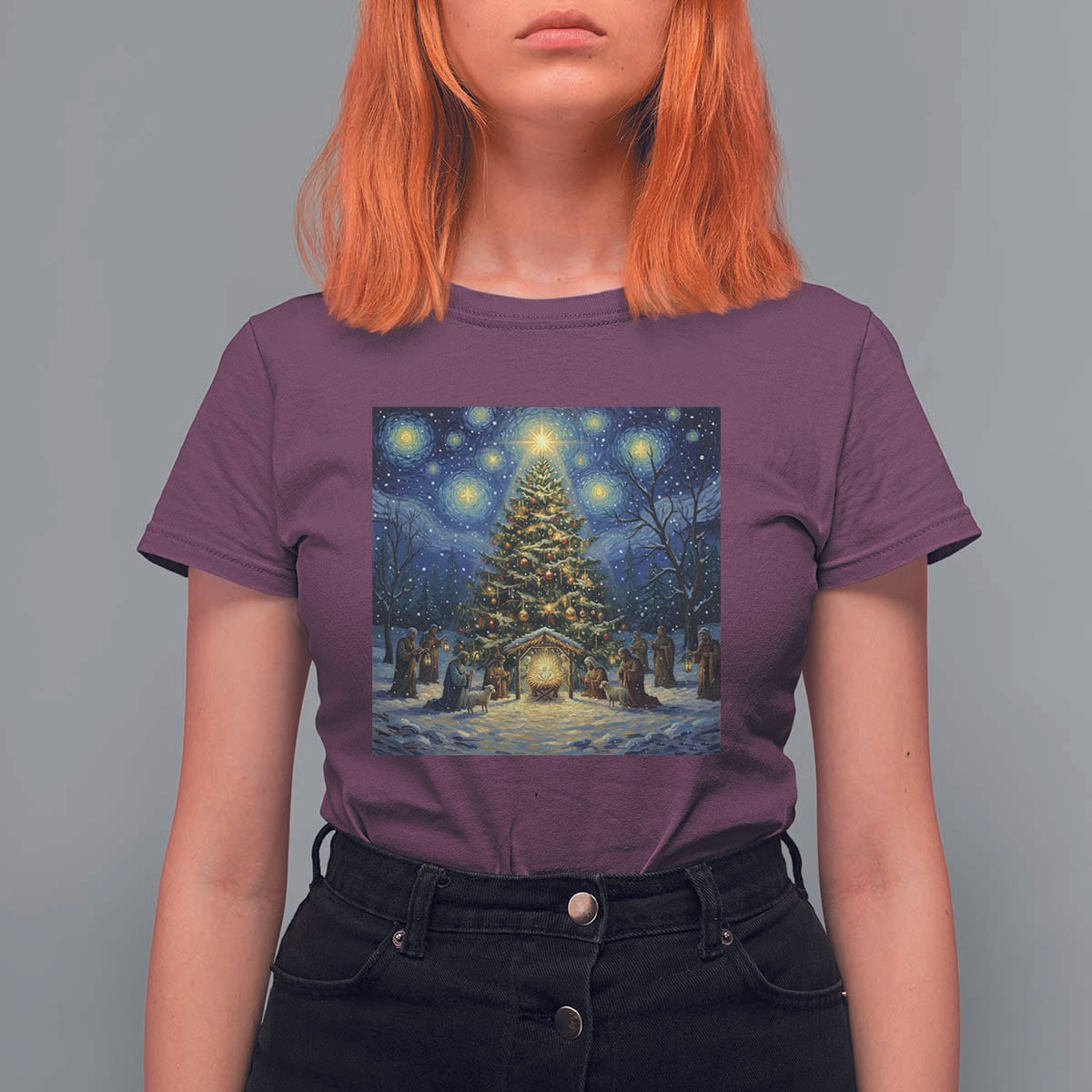 Nativity Scene T Shirt For Women Christmas Starry Night Christian Jesus Baby Jesus Holiday - Wonder Print Shop