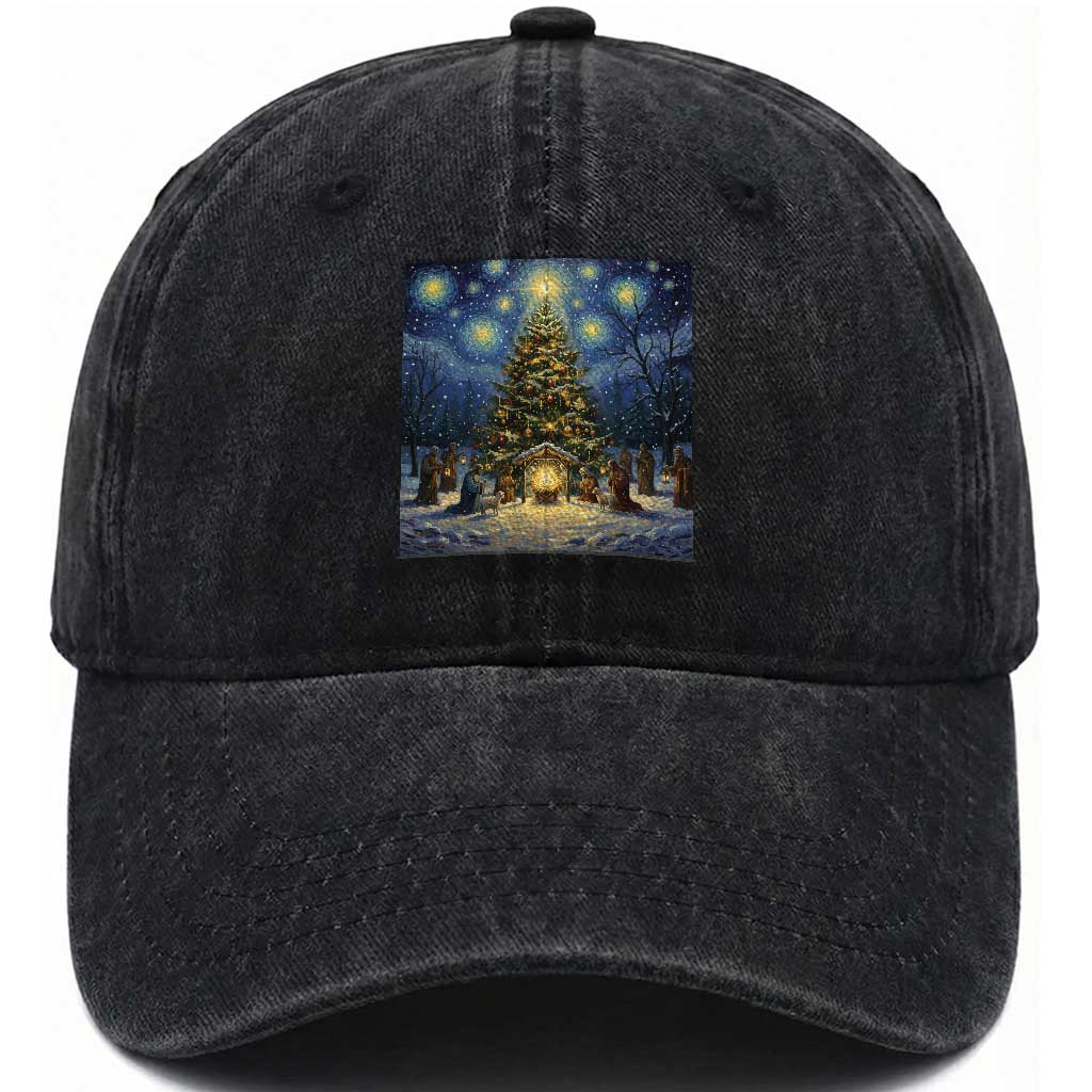Nativity Scene Washed Cotton Baseball Cap Christmas Starry Night Christian Jesus Baby Jesus Holiday