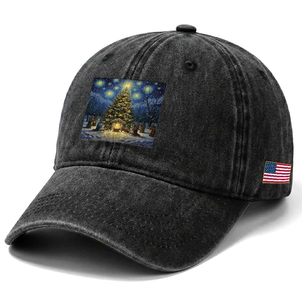 Nativity Scene Washed Cotton Baseball Cap Christmas Starry Night Christian Jesus Baby Jesus Holiday