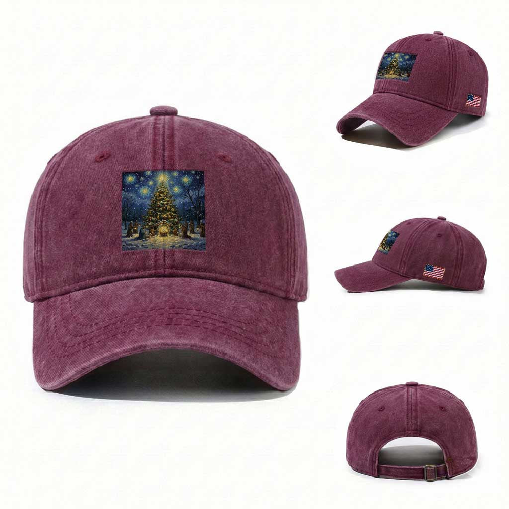 Nativity Scene Washed Cotton Baseball Cap Christmas Starry Night Christian Jesus Baby Jesus Holiday
