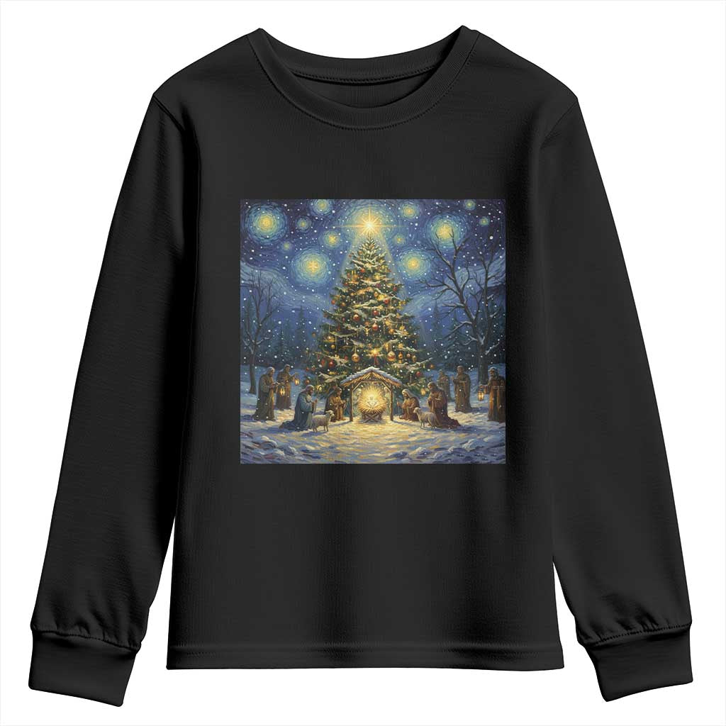 Nativity Scene Youth Sweatshirt Christmas Starry Night Christian Jesus Baby Jesus Holiday - Wonder Print Shop