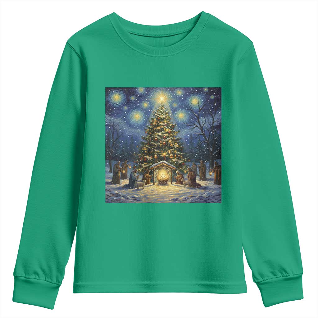 Nativity Scene Youth Sweatshirt Christmas Starry Night Christian Jesus Baby Jesus Holiday - Wonder Print Shop