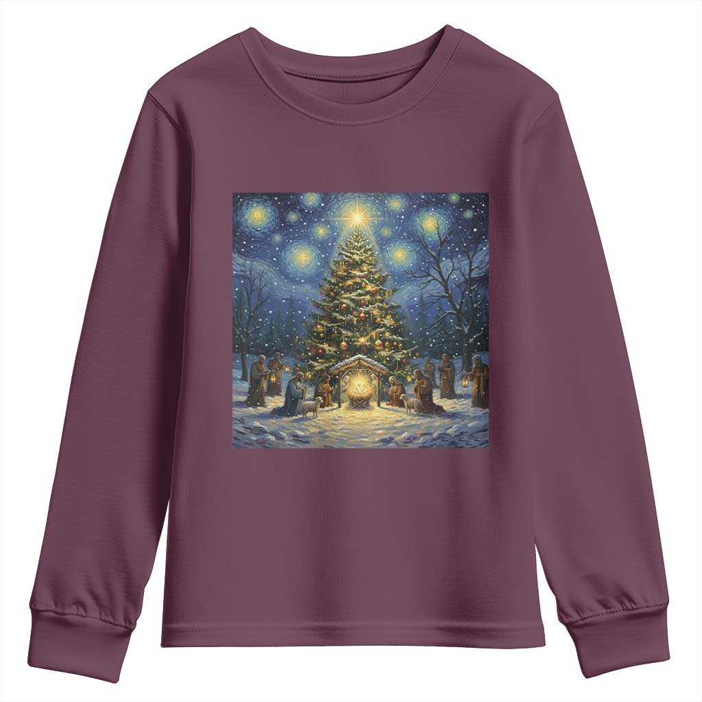 Nativity Scene Youth Sweatshirt Christmas Starry Night Christian Jesus Baby Jesus Holiday - Wonder Print Shop