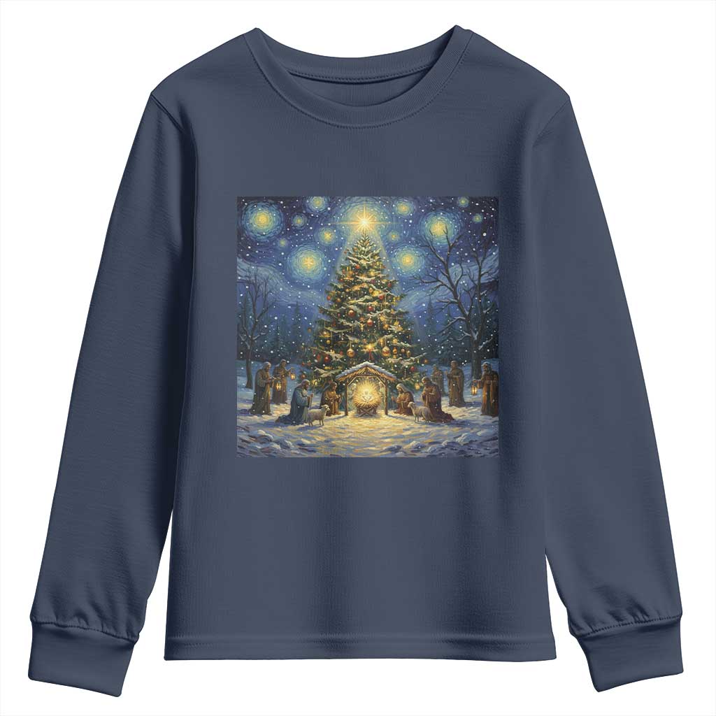 Nativity Scene Youth Sweatshirt Christmas Starry Night Christian Jesus Baby Jesus Holiday - Wonder Print Shop