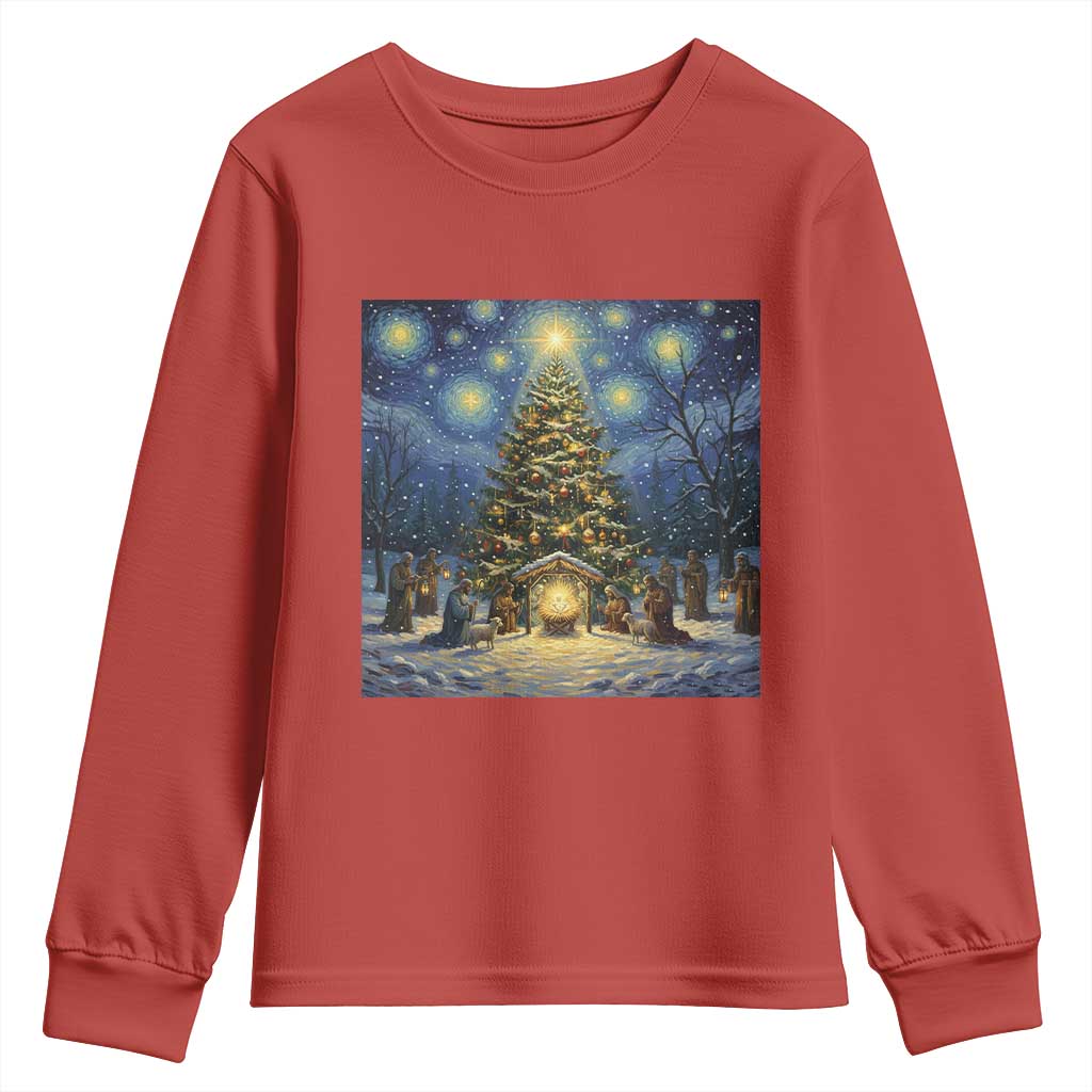Nativity Scene Youth Sweatshirt Christmas Starry Night Christian Jesus Baby Jesus Holiday - Wonder Print Shop