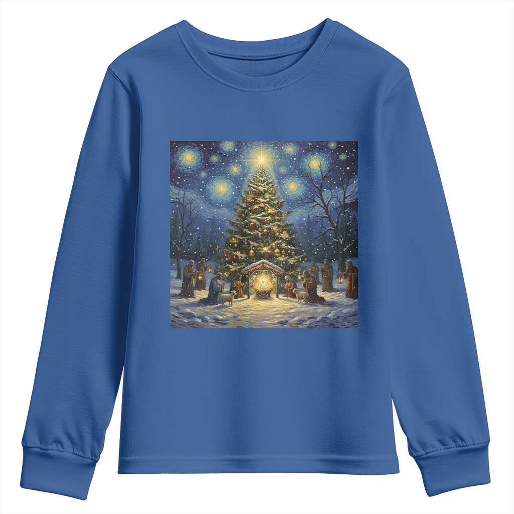Nativity Scene Youth Sweatshirt Christmas Starry Night Christian Jesus Baby Jesus Holiday - Wonder Print Shop