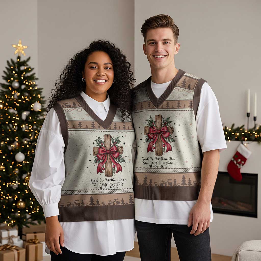 Jesus Christian V-Neck Knit Sweater Vest Cross Bible Verse Inspirational Xmas - Wonder Print Shop