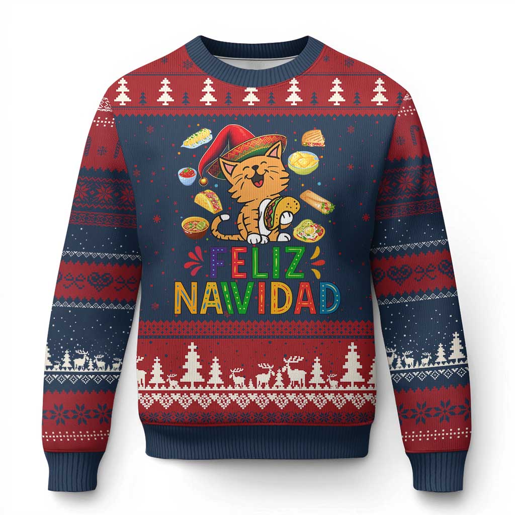 Funny Mexican Cat Xmas Ugly Christmas Sweater Feliz Navidad Sombrero Kitty Xmas - Wonder Print Shop