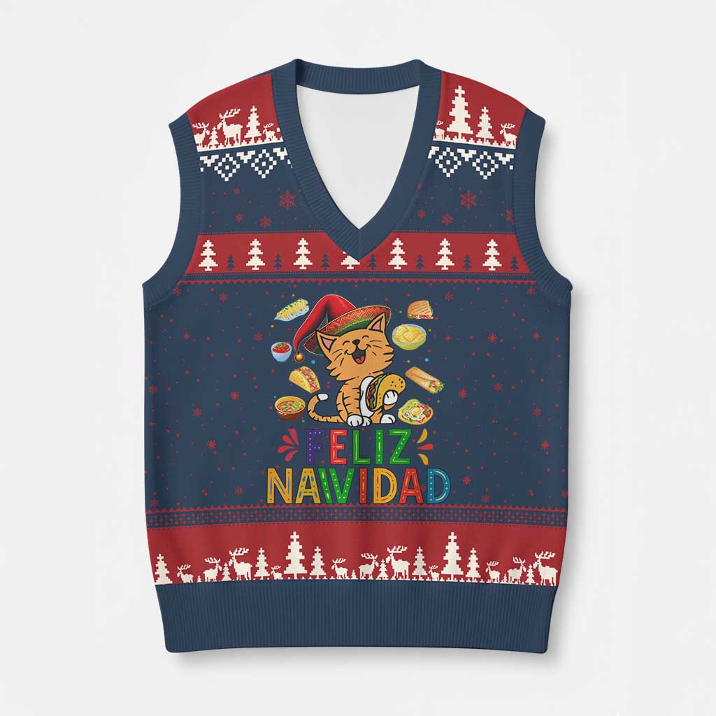 Funny Mexican Cat Xmas V-Neck Knit Sweater Vest Feliz Navidad Sombrero Kitty Xmas - Wonder Print Shop