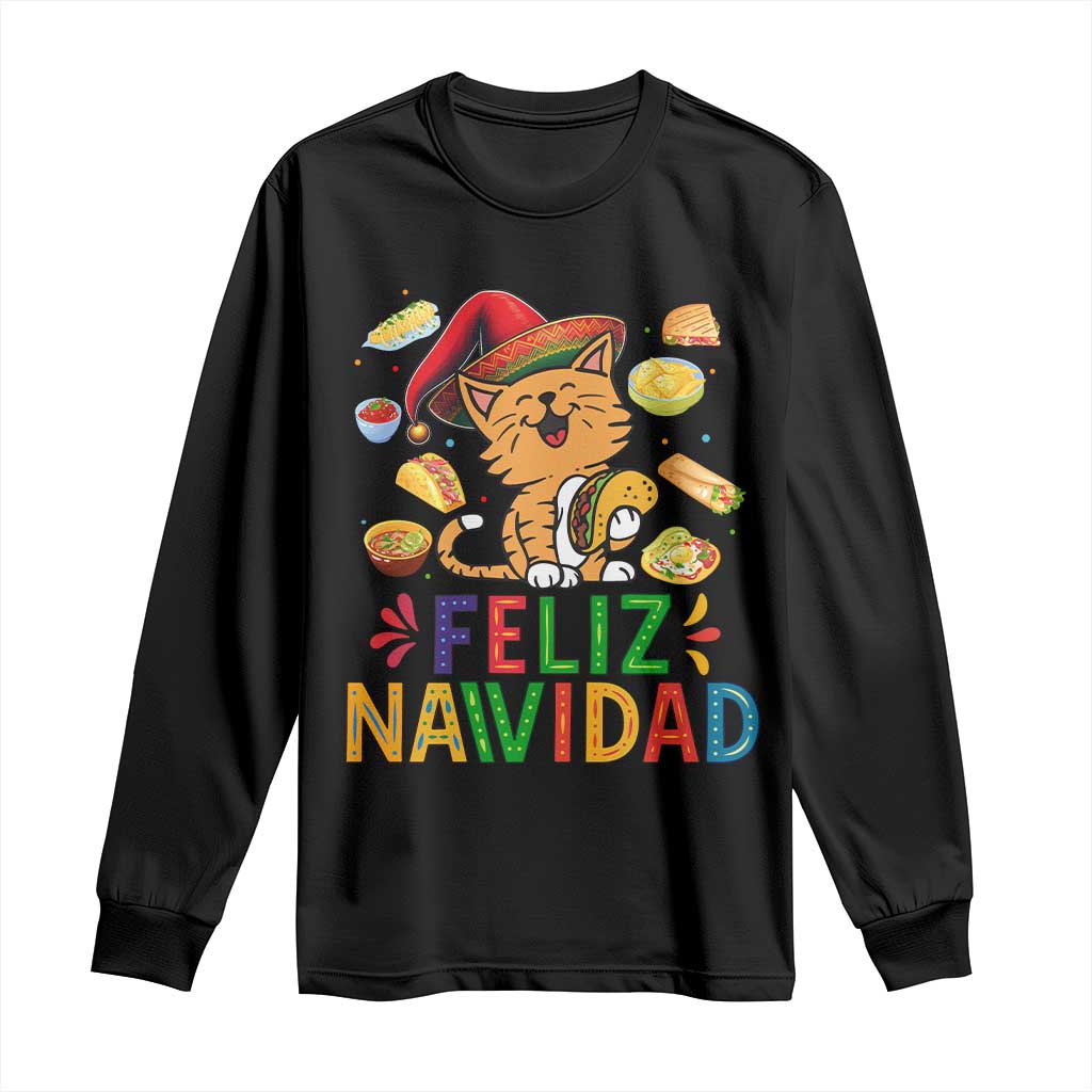 Funny Mexican Cat Christmas Long Sleeve Shirt Feliz Navidad Sombrero Kitty Xmas - Wonder Print Shop
