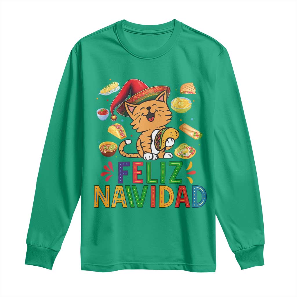 Funny Mexican Cat Christmas Long Sleeve Shirt Feliz Navidad Sombrero Kitty Xmas - Wonder Print Shop