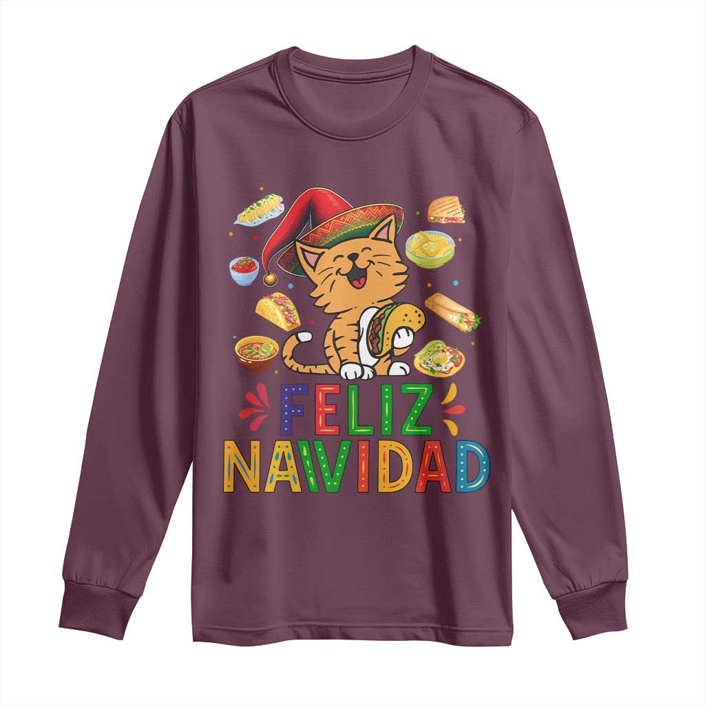 Funny Mexican Cat Christmas Long Sleeve Shirt Feliz Navidad Sombrero Kitty Xmas - Wonder Print Shop