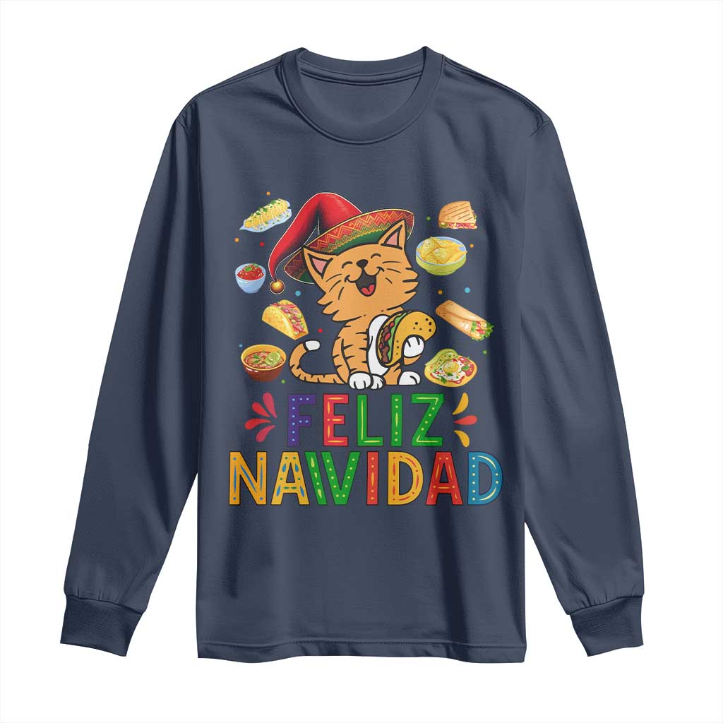 Funny Mexican Cat Christmas Long Sleeve Shirt Feliz Navidad Sombrero Kitty Xmas - Wonder Print Shop