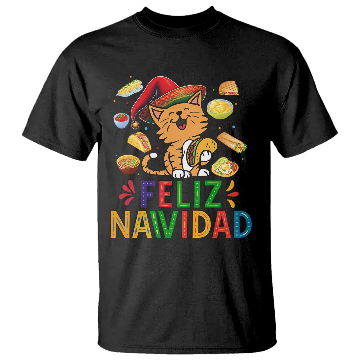 Funny Mexican Cat Christmas T Shirt Feliz Navidad Sombrero Kitty Xmas - Wonder Print Shop