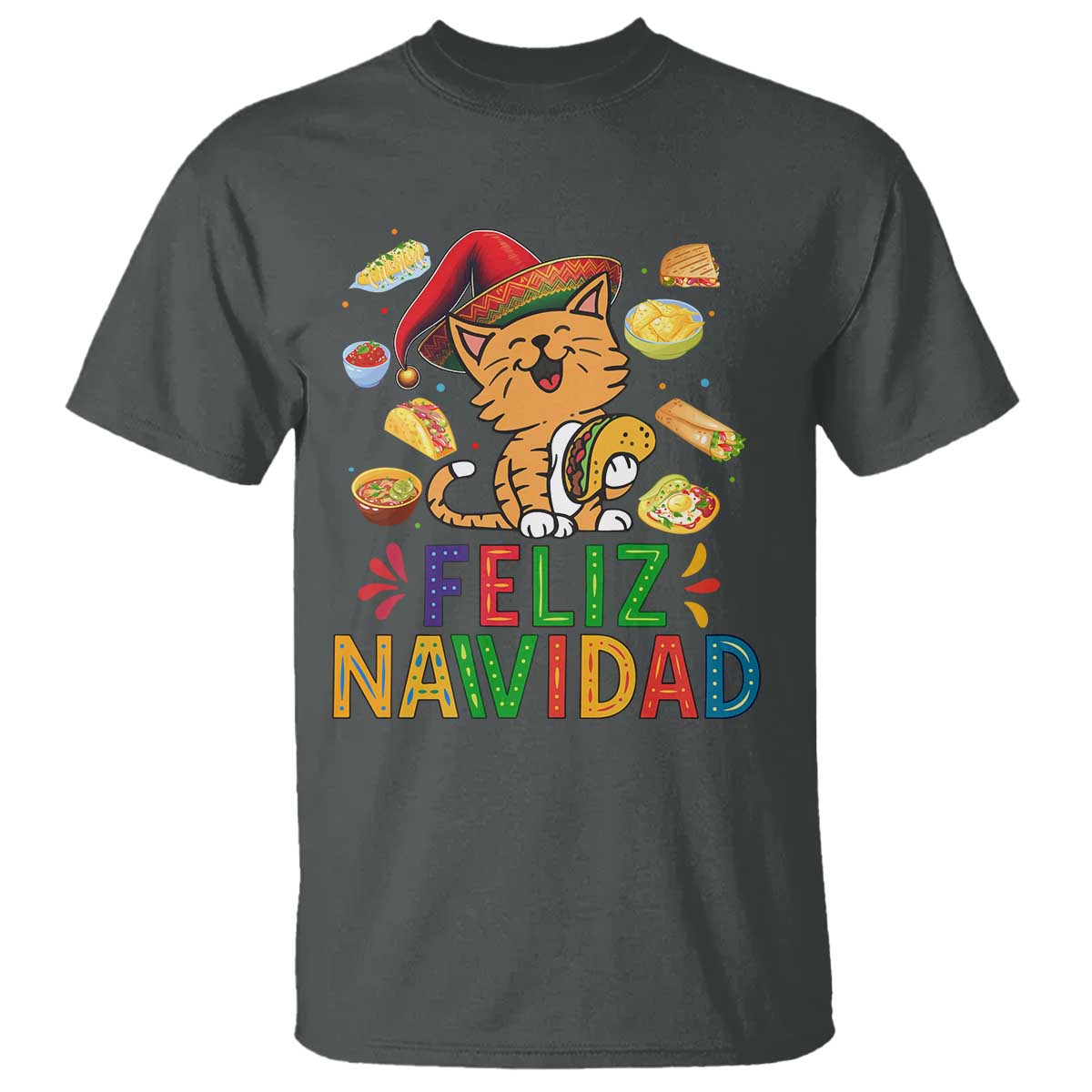 Funny Mexican Cat Christmas T Shirt Feliz Navidad Sombrero Kitty Xmas - Wonder Print Shop