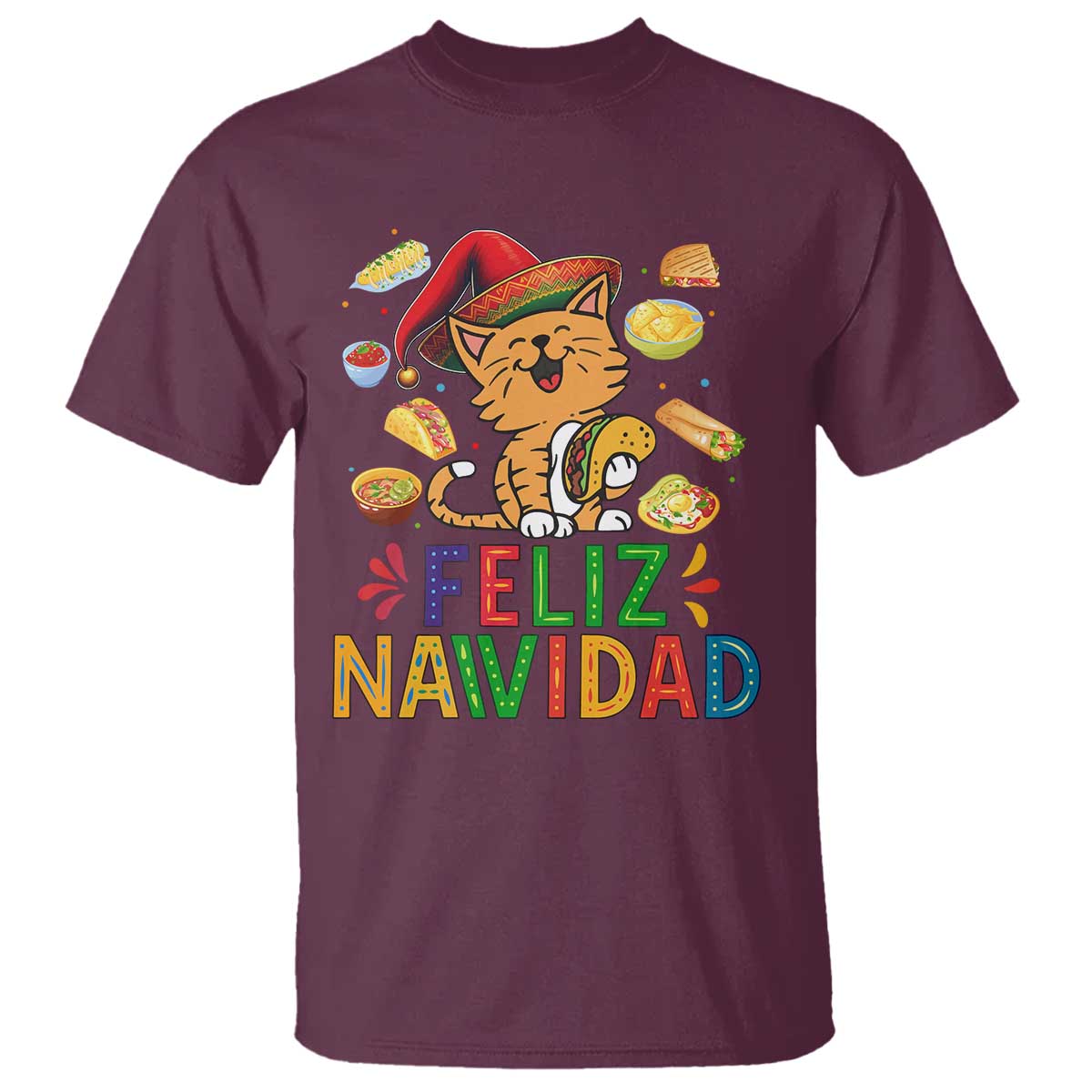 Funny Mexican Cat Christmas T Shirt Feliz Navidad Sombrero Kitty Xmas - Wonder Print Shop