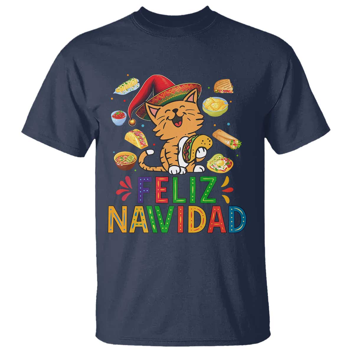 Funny Mexican Cat Christmas T Shirt Feliz Navidad Sombrero Kitty Xmas - Wonder Print Shop