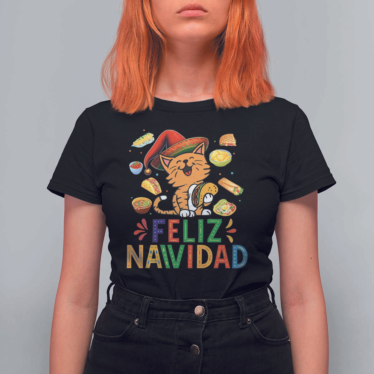 Funny Mexican Cat Christmas T Shirt For Women Feliz Navidad Sombrero Kitty Xmas - Wonder Print Shop