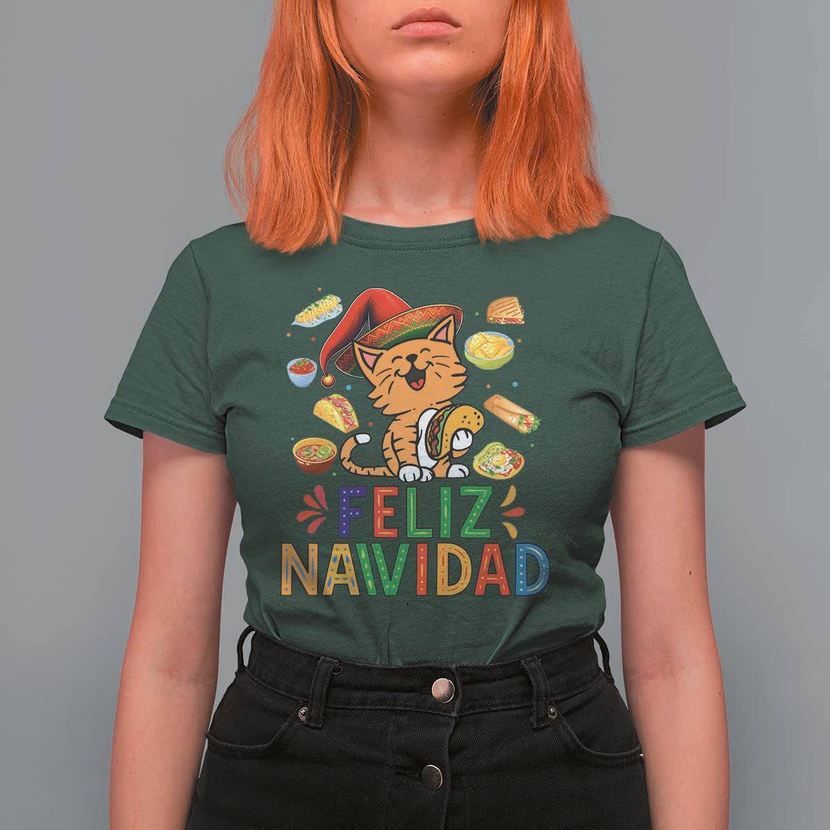 Funny Mexican Cat Christmas T Shirt For Women Feliz Navidad Sombrero Kitty Xmas - Wonder Print Shop