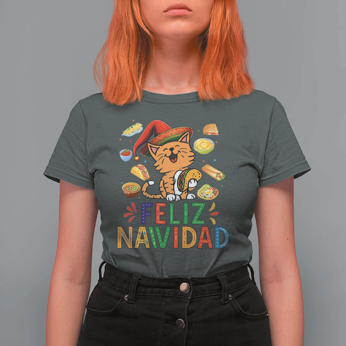 Funny Mexican Cat Christmas T Shirt For Women Feliz Navidad Sombrero Kitty Xmas - Wonder Print Shop