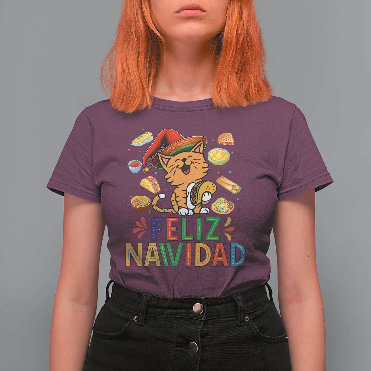 Funny Mexican Cat Christmas T Shirt For Women Feliz Navidad Sombrero Kitty Xmas - Wonder Print Shop