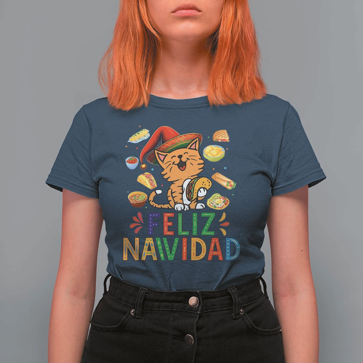 Funny Mexican Cat Christmas T Shirt For Women Feliz Navidad Sombrero Kitty Xmas - Wonder Print Shop