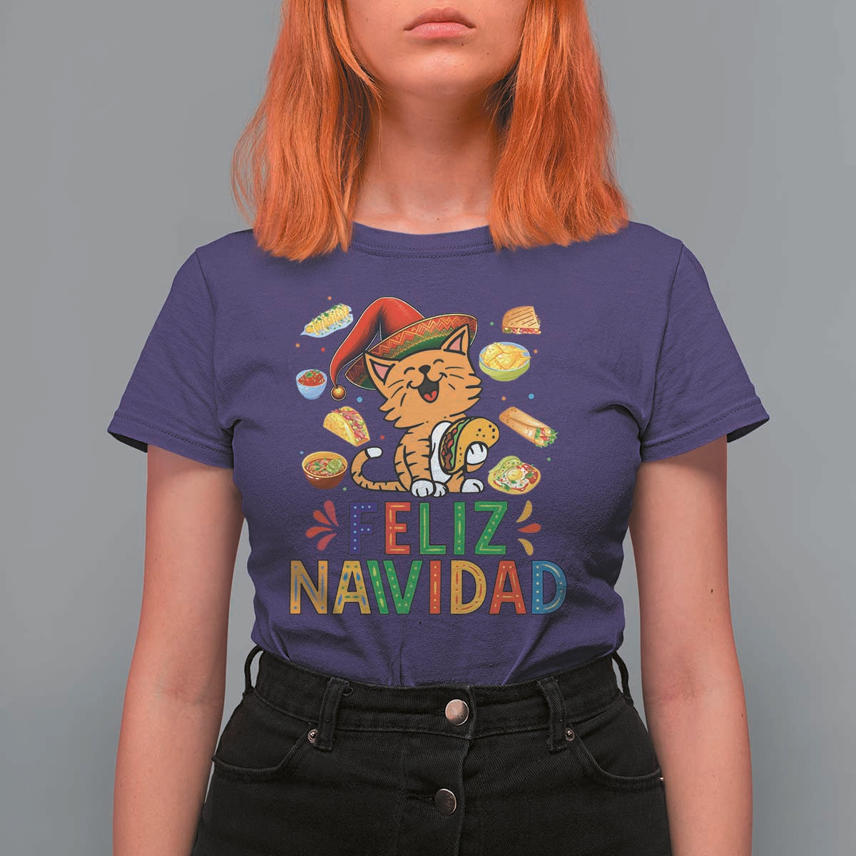 Funny Mexican Cat Christmas T Shirt For Women Feliz Navidad Sombrero Kitty Xmas - Wonder Print Shop