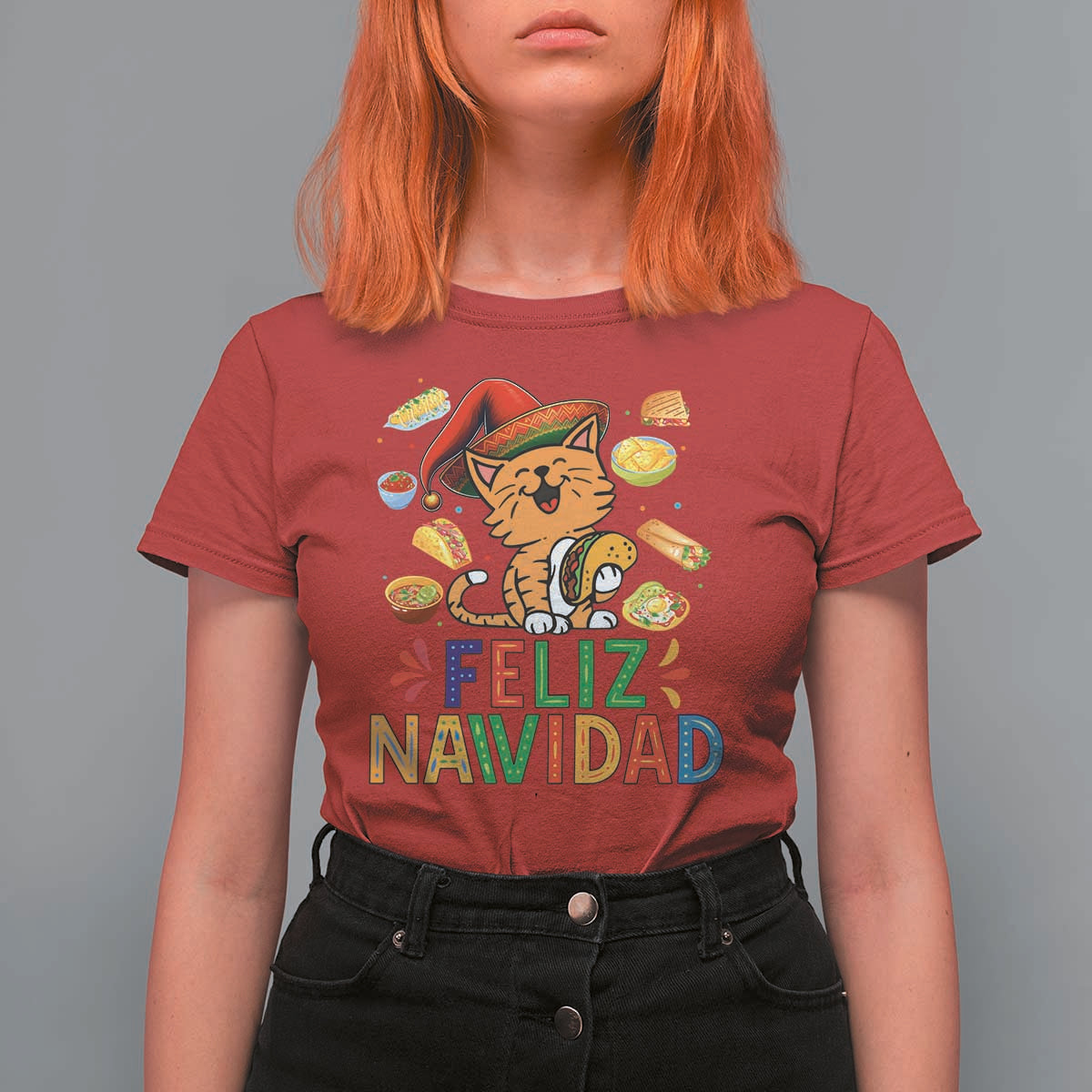 Funny Mexican Cat Christmas T Shirt For Women Feliz Navidad Sombrero Kitty Xmas - Wonder Print Shop