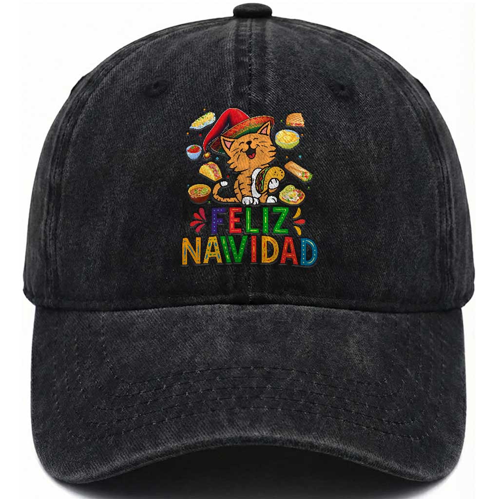 Funny Mexican Cat Christmas Washed Cotton Baseball Cap Feliz Navidad Sombrero Kitty Xmas