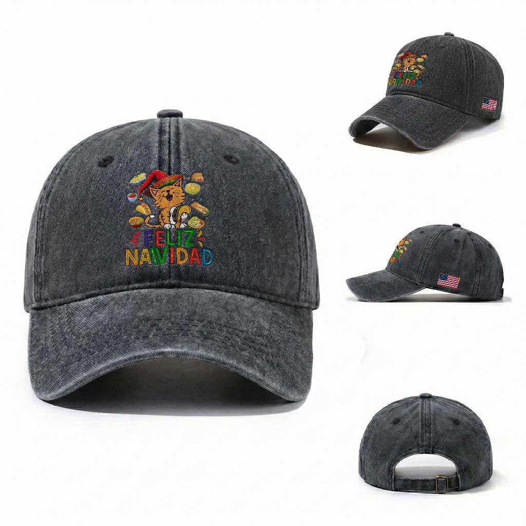 Funny Mexican Cat Christmas Washed Cotton Baseball Cap Feliz Navidad Sombrero Kitty Xmas