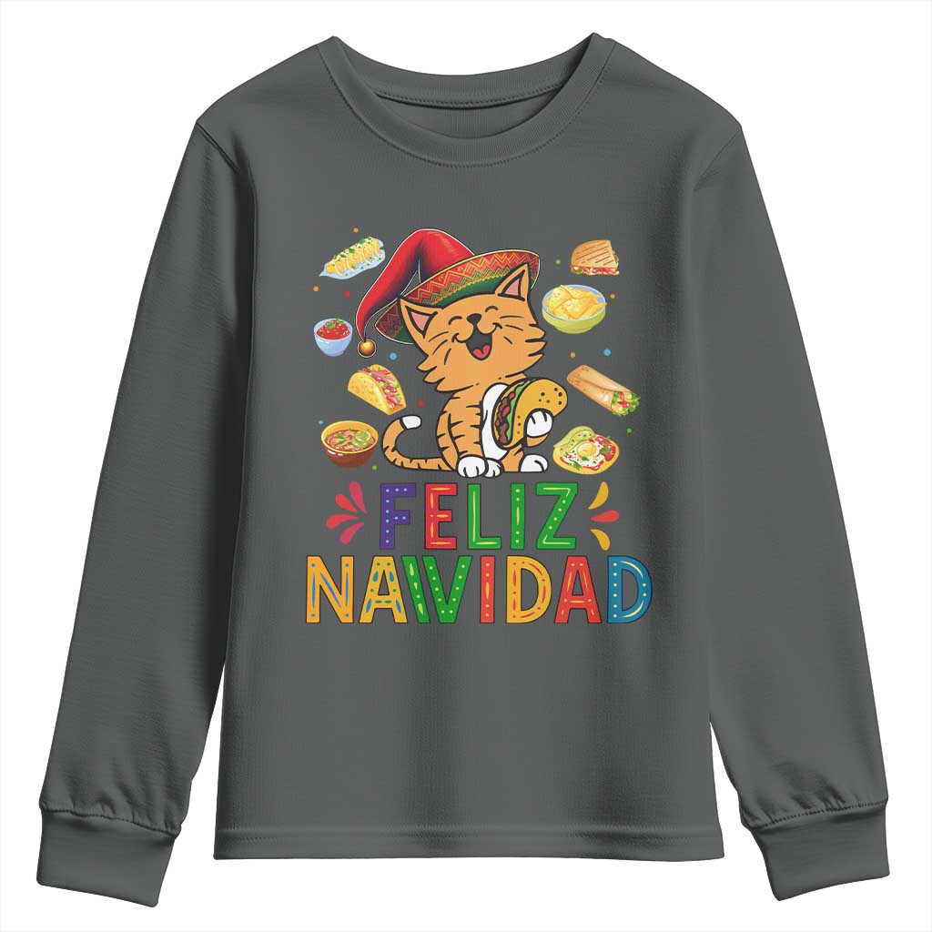 Funny Mexican Cat Christmas Youth Sweatshirt Feliz Navidad Sombrero Kitty Xmas - Wonder Print Shop