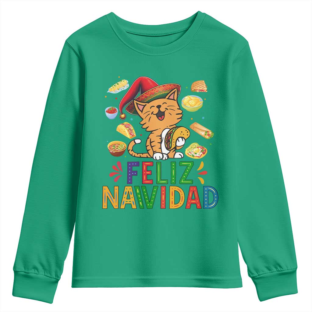 Funny Mexican Cat Christmas Youth Sweatshirt Feliz Navidad Sombrero Kitty Xmas - Wonder Print Shop