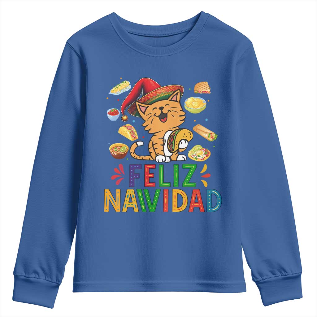 Funny Mexican Cat Christmas Youth Sweatshirt Feliz Navidad Sombrero Kitty Xmas - Wonder Print Shop