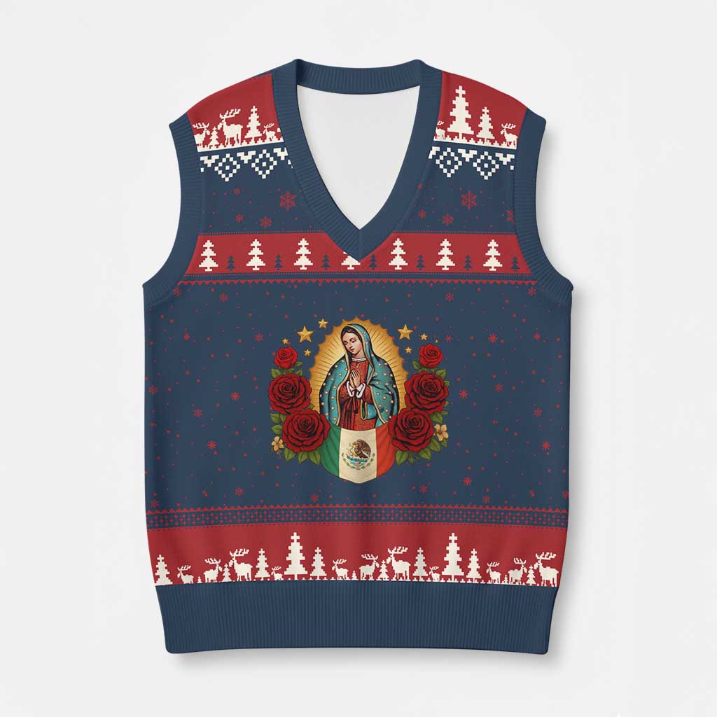 Our Lady of Guadalupe Mexican Flag V-Neck Knit Sweater Vest - Wonder Print Shop