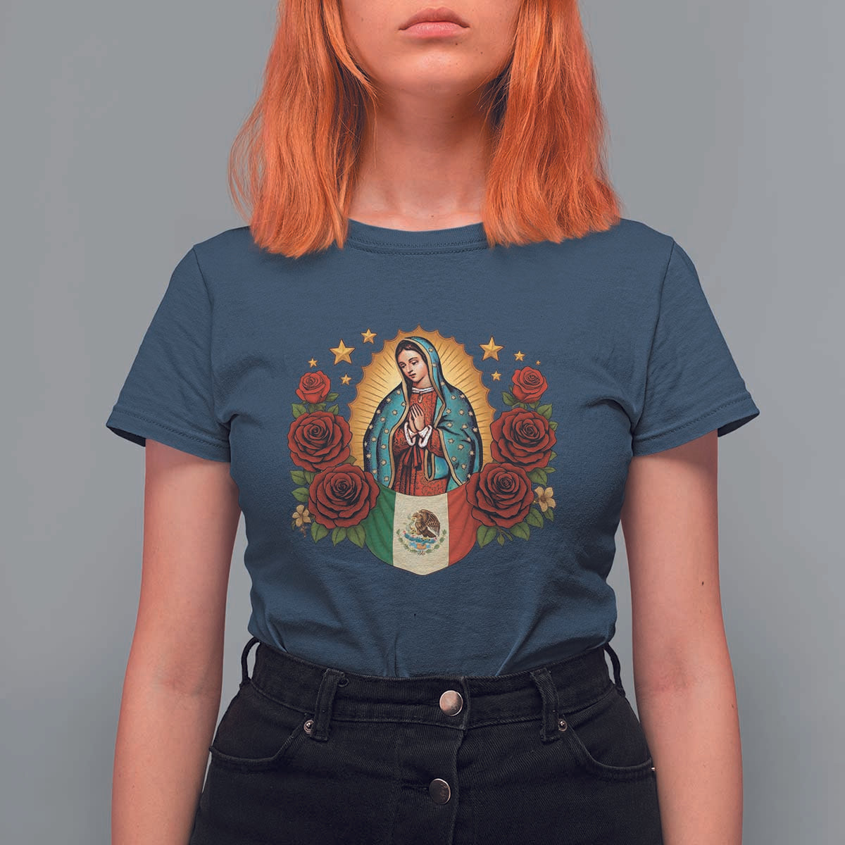 Our Lady of Guadalupe Mexican Flag T Shirt For Women - Wonder Print Shop
