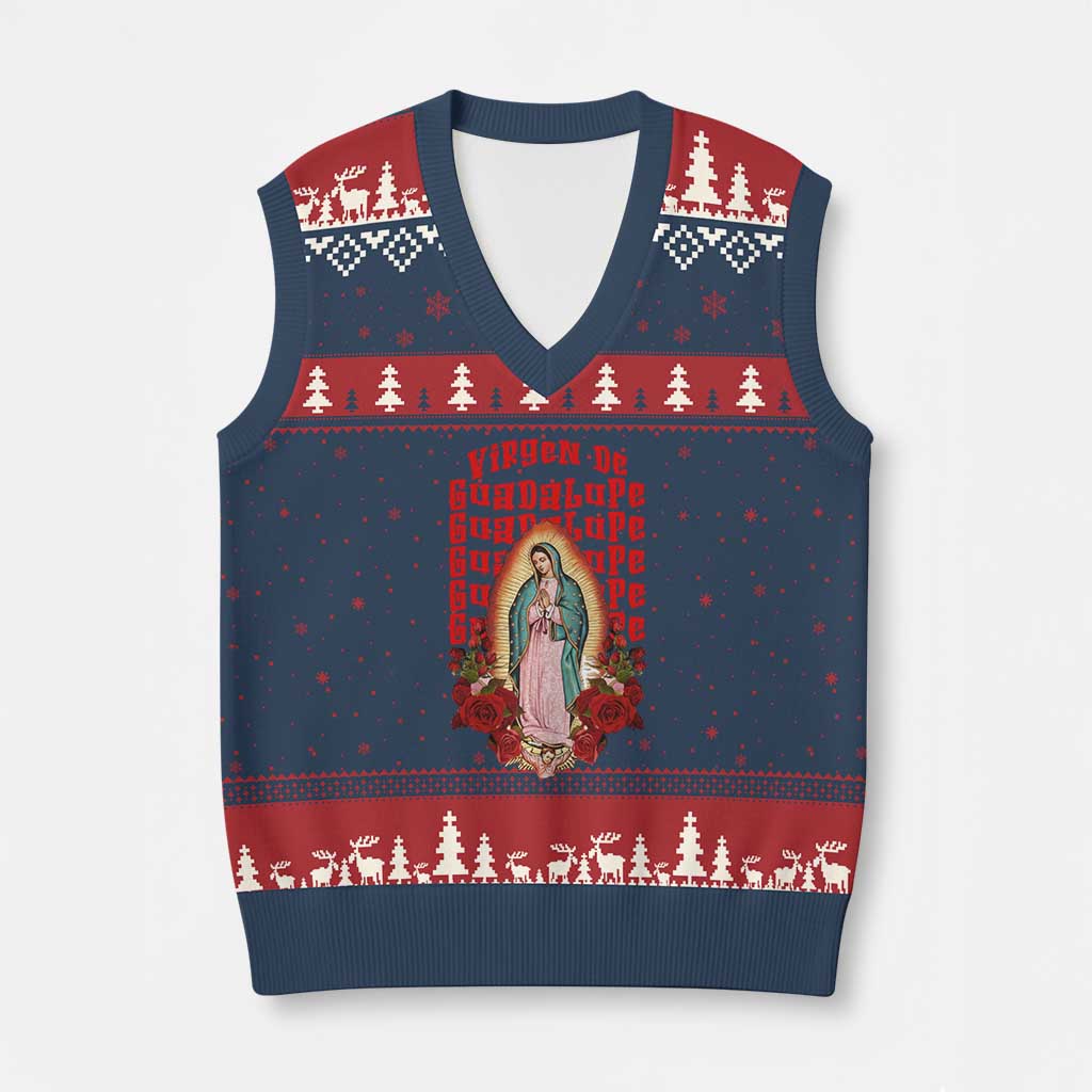 Our Lady of Guadalupe V-Neck Knit Sweater Vest Saint Virgin Mary Mexican - Wonder Print Shop