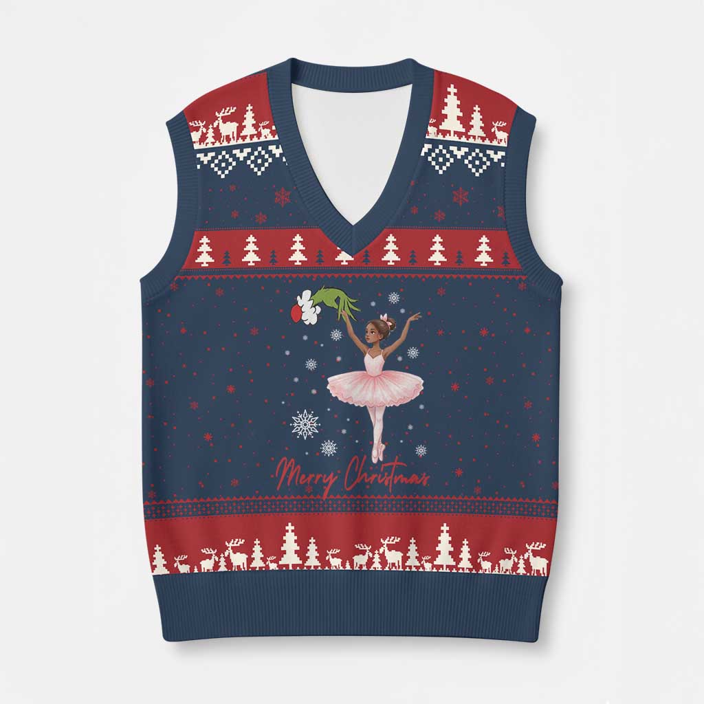 Black Nutcracker Ballet V-Neck Knit Sweater Vest Merry Christmas - Wonder Print Shop