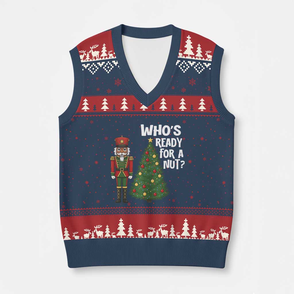 Black Nutcracker Christmas V-Neck Knit Sweater Vest Who Is Ready For A Nut - Wonder Print Shop