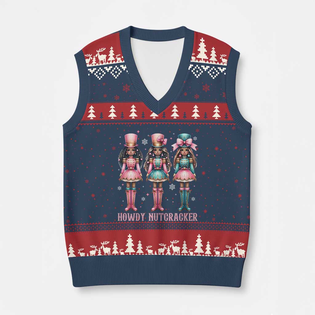 Howdy Nutcracker Cowgirl Christmas Western Country V-Neck Knit Sweater Vest - Wonder Print Shop