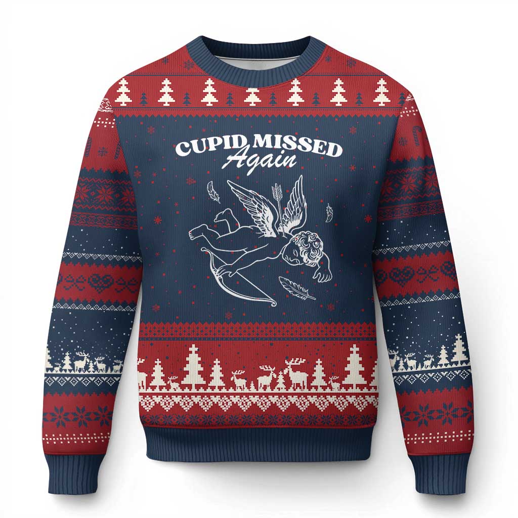 Funny Anti Valentine Ugly Christmas Sweater Cupid Missed Again - Wonder Print Shop