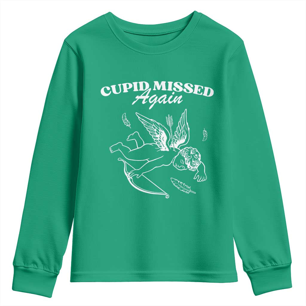 Funny Anti Valentine Youth Sweatshirt Cupid Missed Again - Wonder Print Shop