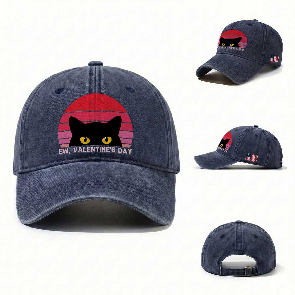 Funny Black Cat Anti Valentine Meme Washed Cotton Baseball Cap