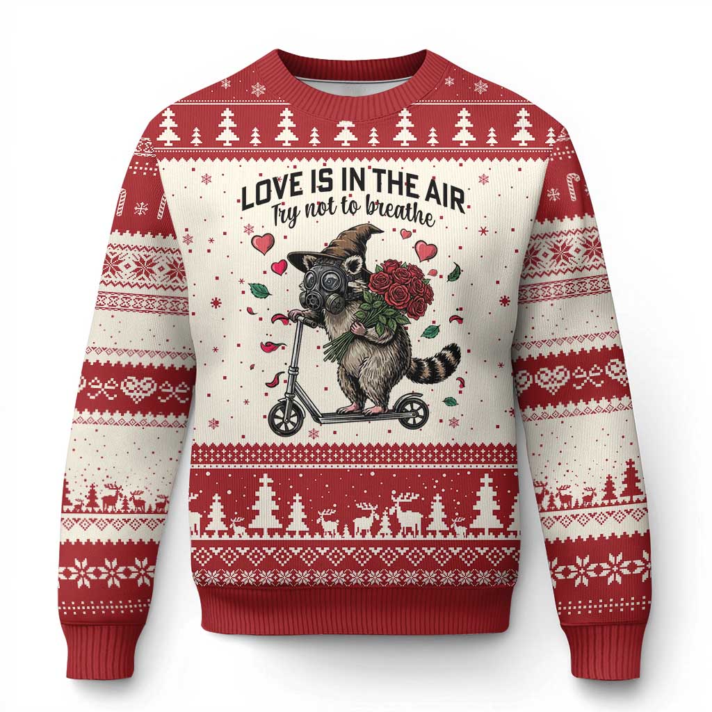 Funny Raccoon Scooter Anti Valentine Ugly Christmas Sweater Love Is In The Air Try Not To Breathe - Wonder Print Shop